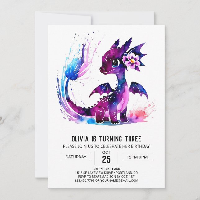 Girly Pastel Dragon Digital Girl Birthday Invitation (Front)