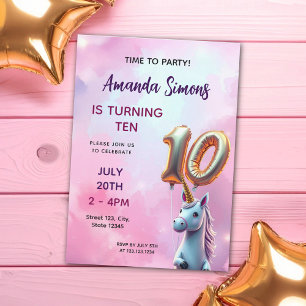 Girly Pastel Gold Balloon Unicorn 10th Birthday Invitation