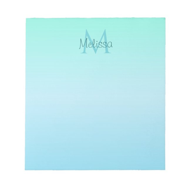 Girly Pastel Green Blue Ombre Monogram Notepad (Front)