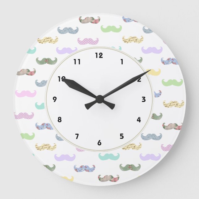 Girly pastel moustache pattern large clock (Front)