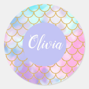 Girly Pastel Ombre Gold Glitter Mermaid Monogram Classic Round Sticker