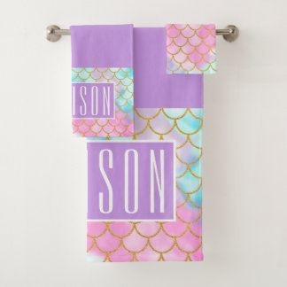 Girly Pastel Ombre Gold Glitter Mermaid Name Bath Towel Set