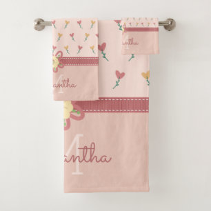 Girly Pastel Peach Heart Flower Pattern & Monogram Bath Towel Set