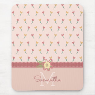 Girly Pastel Peach Heart Flower Pattern & Monogram Mouse Mat