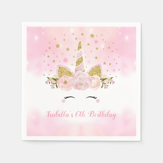 Girly Pastel Pink Gold Floral Birthday Party Napkin (Front)