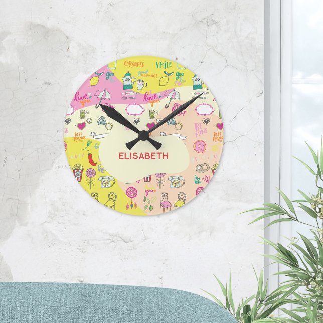 Girly Pastel Pink Kawaii Doodle Round Clock (Girly Pastel Pink Kawaii Doodle Round Clock ©Susanne Sachers - Sunny Wanderlust 🌞✈️)