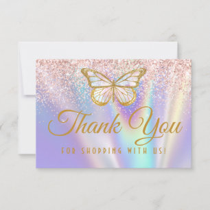 Girly Pastel Pink Lilac Butterfly Glitter Sprinkle Thank You Card