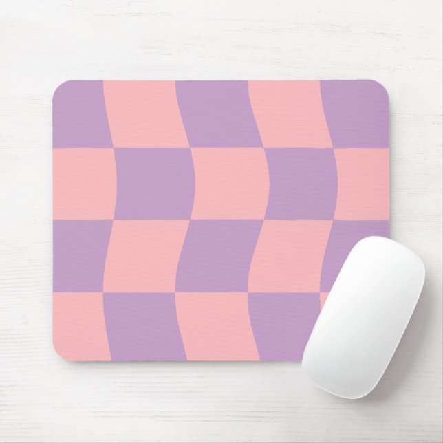 Girly Pastel Pink Purple Wavy Chequered Mouse Mat (With Mouse)