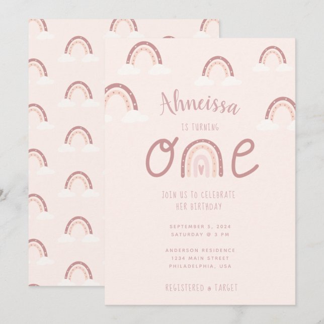  Girly Pastel Pink Rainbow Clouds First Birthday Invitation (Front/Back)