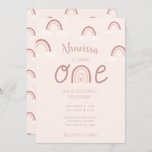 Girly Pastel Pink Rainbow Clouds First Birthday Invitation
