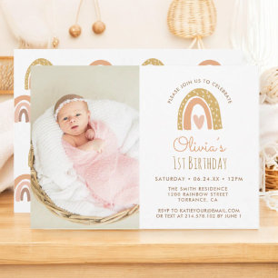 Girly Pastel Rainbow 1st Birthday Photo Invitation