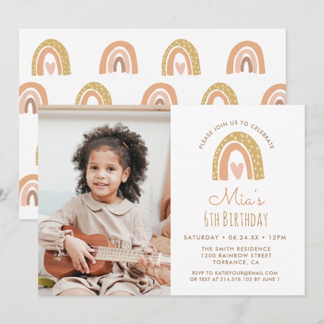 Girly Pastel Rainbow 6th Birthday Photo Invitation (Front/Back)