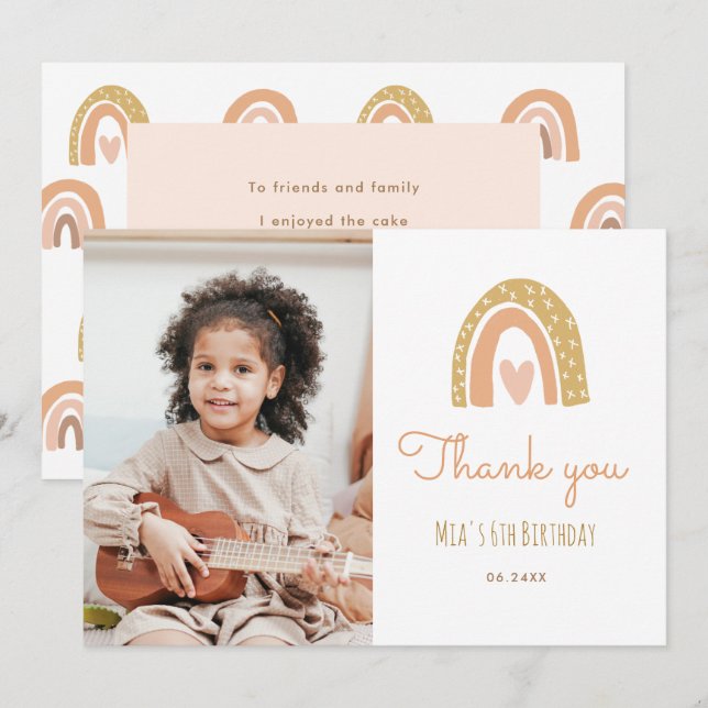 Girly Pastel Rainbow 6th Birthday Photo Thank You  Invitation (Front/Back)