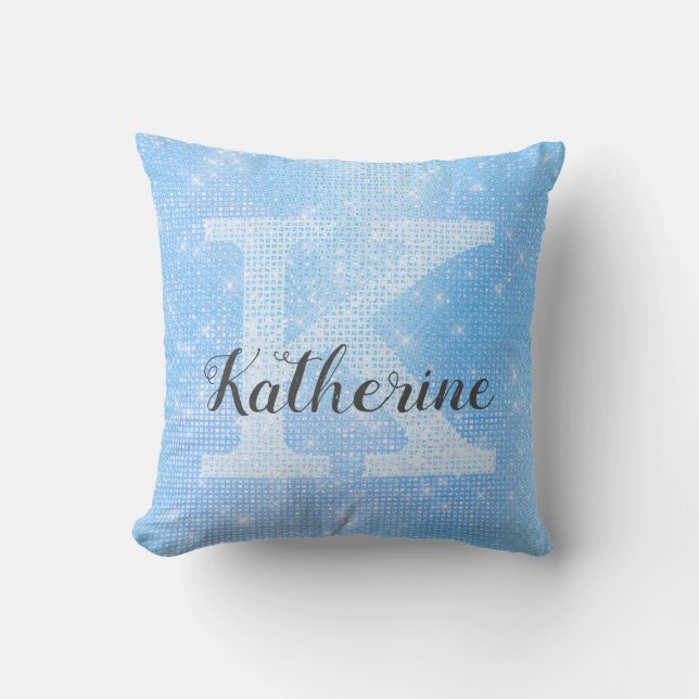 Girly Pastel Sky Blue Azure Sparkle Monogram Name Cushion (Front)