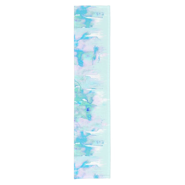 Girly Pastel Teal and Blue Watercolor Paint Drips Short Table Runner (Front)