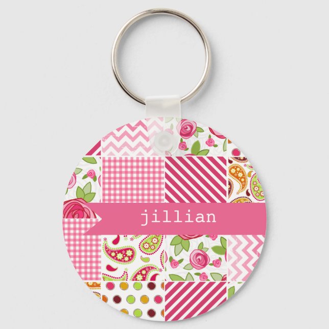 Girly Patchwork Personalised Keychain (Front)