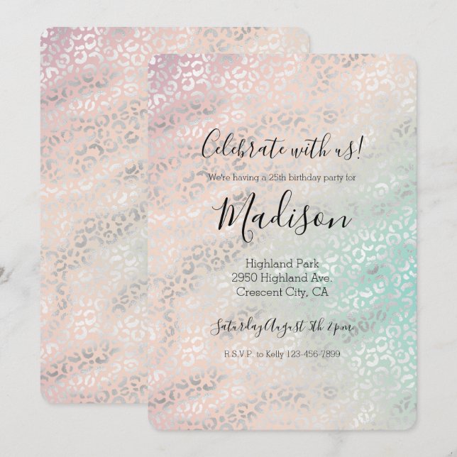 Girly Peach Aqua Tie Dye Silver Leopard Print Invitation (Front/Back)