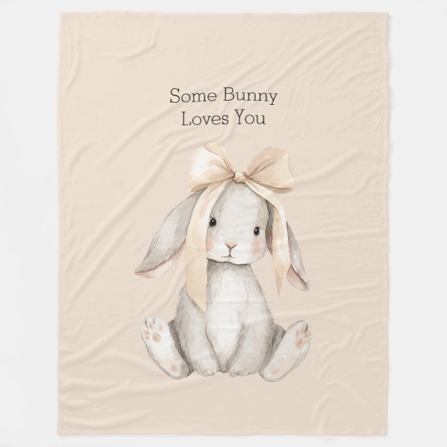 Girly Peach Bow Some Bunny Loves You Fleece Blanket (Front)