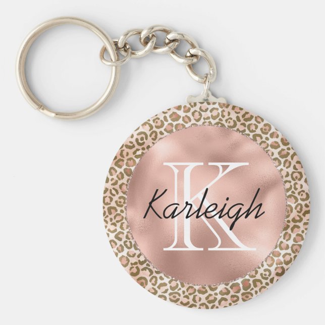 Girly Peach Brown Leopard Print Monogram Key Ring (Front)