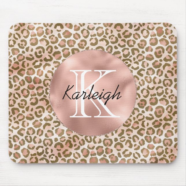 Girly Peach Brown Leopard Print Monogram Mouse Mat (Front)