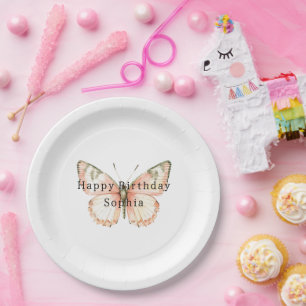Girly Peach Butterfly Birthday Paper Plate