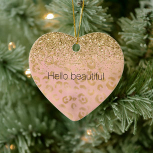 Girly Peach Gold Leopard Glitter Ceramic Tree Decoration