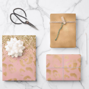 Girly Peach Gold Leopard Glitter           Wrapping Paper Sheet