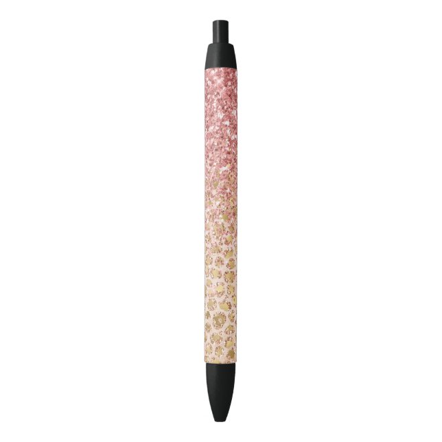 Girly Peach Gold Leopard Print Pink Glitter Glitzy Black Ink Pen (Front Vertical)
