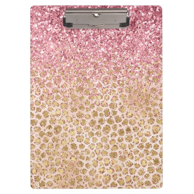 Girly Peach Gold Leopard Print Pink Glitter Glitzy Clipboard (Front)