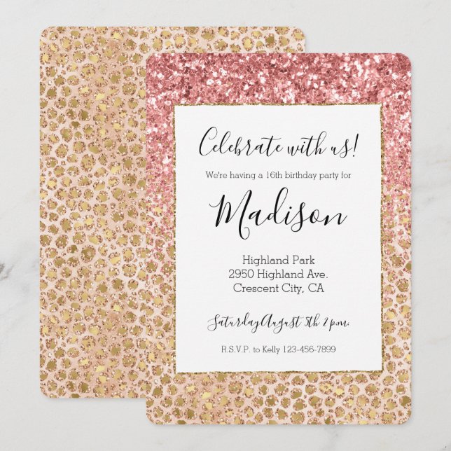 Girly Peach Gold Leopard Print Pink Glitter Glitzy Invitation (Front/Back)