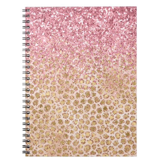 Girly Peach Gold Leopard Print Pink Glitter Glitzy Notebook (Front)