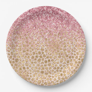 Girly Peach Gold Leopard Print Pink Glitter Glitzy Paper Plate