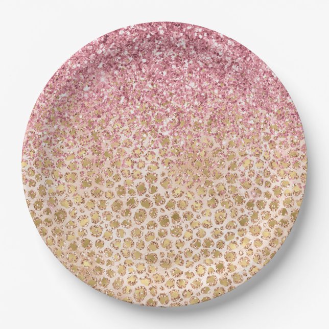 Girly Peach Gold Leopard Print Pink Glitter Glitzy Paper Plate (Front)
