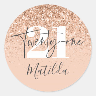 Girly peach grey glitter modern typography 21st classic round sticker