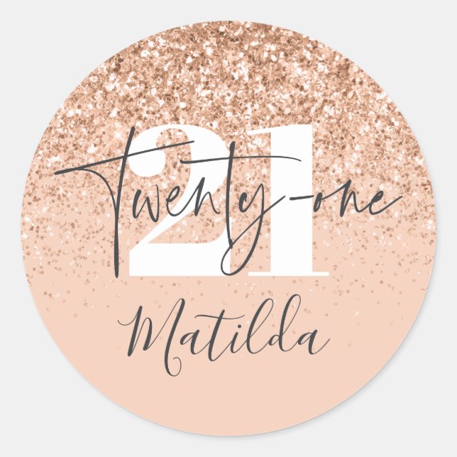 Girly peach grey glitter modern typography 21st classic round sticker (Front)