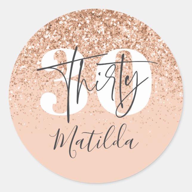 Girly peach grey glitter modern typography 30th classic round sticker (Front)