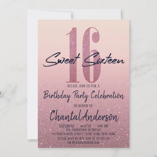 Girly Peach Pink Faux Glitter Ombre Sweet Sixteen Invitation (Front)