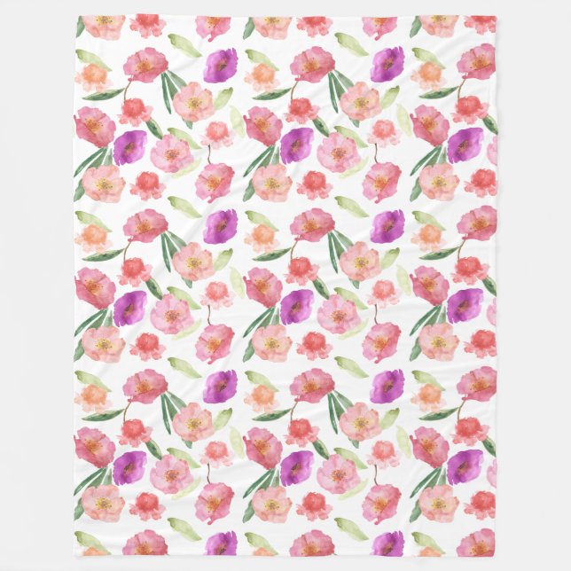 Girly Peach Pink Purple Floral Watercolor Fleece Blanket (Front)