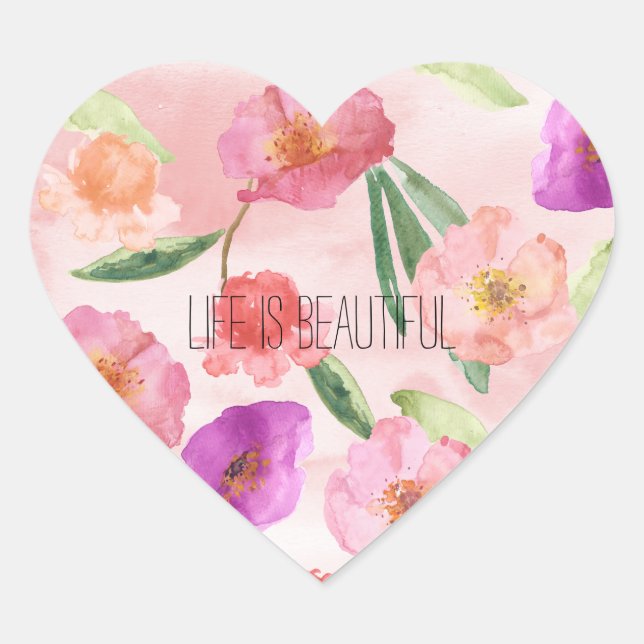 Girly Peach Pink Purple Floral Watercolor Heart Sticker (Front)