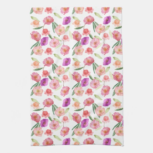 Girly Peach Pink Purple Floral Watercolor Tea Towel (Vertical)