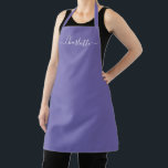 Girly periwinkle custom script name monogram chic apron<br><div class="desc">Personalised periwinkle lilac custom modern script name text monogram solid plain colour girly stylish elegant chic periwinkle lilac and white text kitchen Apron. Customise,  personalise it with name,  quote,  phrase,  or text.
Great for cooks,  chefs,  pottery,  ceramics,  crafts,  work,  kitchen,  baking,  bbq,  grill,  etc</div>