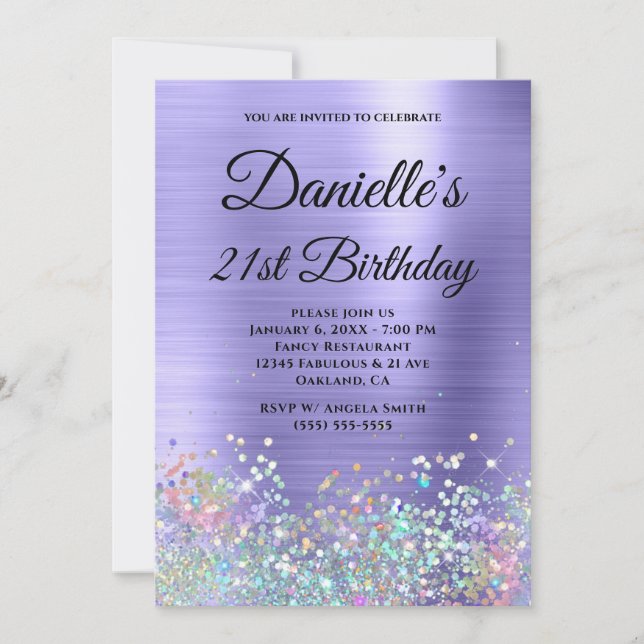 Girly Periwinkle Foil Holo Glitter Fancy Monogram Invitation (Front)