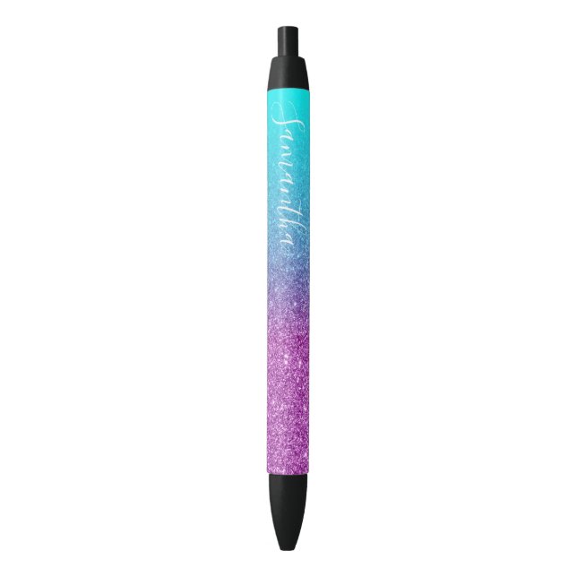 Girly Personalised Aqua Purple Ombre Glitter Black Ink Pen (Front Vertical)