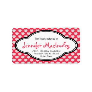 Girly Personalised Bookplate Hot Pink with Hearts Label