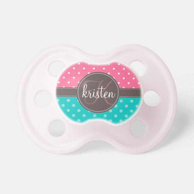 Girly Personalised Pink & Teal Dots Dummy (Front)