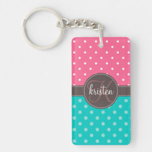 Girly Personalised Pink & Teal Dots Key Ring
