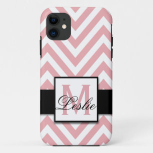 GIRLY, PERSONALIZED CORAL PINK CHEVRON PATTERN iPhone 11 CASE