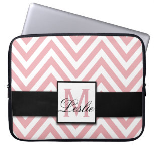 GIRLY, PERSONALIZED CORAL PINK CHEVRON PATTERN LAPTOP SLEEVE
