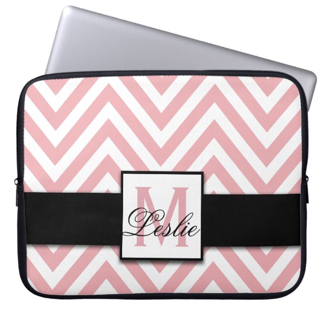 GIRLY, PERSONALIZED CORAL PINK CHEVRON PATTERN LAPTOP SLEEVE (Front)