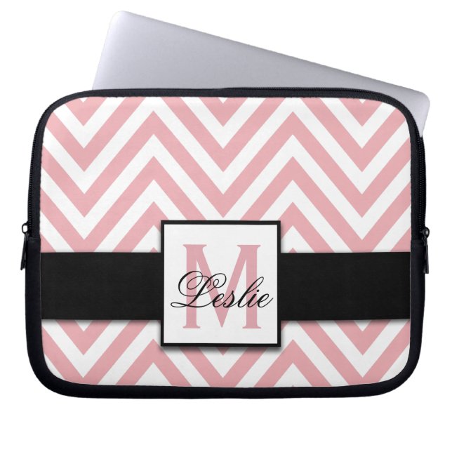 GIRLY, PERSONALIZED CORAL PINK CHEVRON PATTERN LAPTOP SLEEVE (Front)